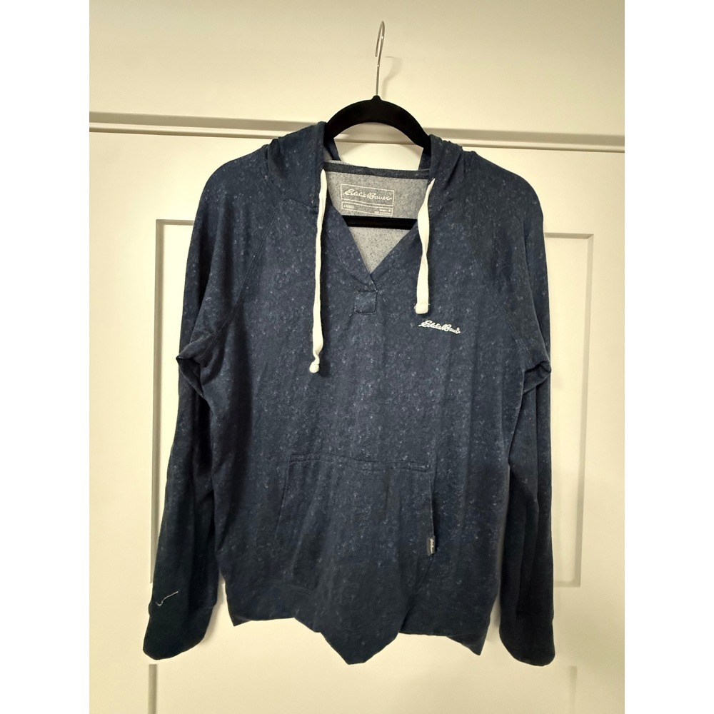 Eddie Bauer Lounge Women M Navy Blue Heathered V-Neck Hoodie Pullover Sweatshirt